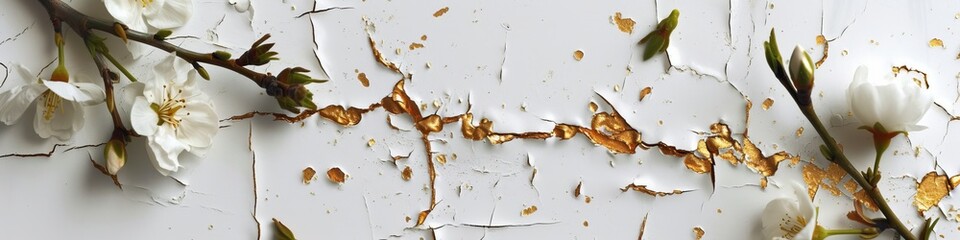 cracked old surface with flowers background.