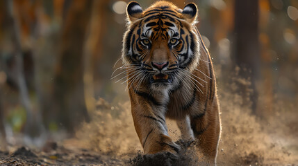 The tiger is running and chasing its prey. The tiger overtaking, utilizing rear curtain sync for a dynamic motion effect.