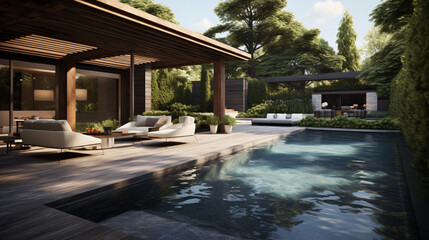 Backyard design with modern pool .