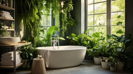 Bathroom interior decorated with green plants. Modern