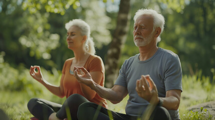 Portrait of an elderly couple, woman and man in sportswear, practicing yoga in the park