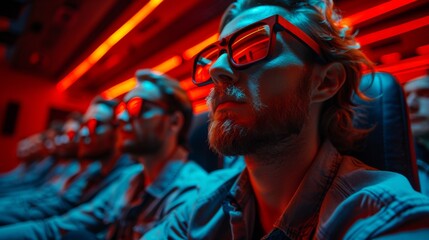 Man experiencing a 3D movie, illuminated by vibrant red and blue lights that reflect the immersive technology, enhancing the shared cinematic adventure.