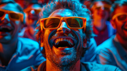 Cheerful man watching a 3D movie, illuminated by vibrant red and blue lights that reflect the immersive technology, enhancing the shared cinematic adventure.