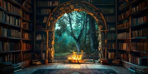 An enchanted reading nook with a roaring fire and shelves of books. Concept Cozy Reading Nook, Enchanted Setting, Fireplace Ambiance, Book Lover's Haven - obrazy, fototapety, plakaty