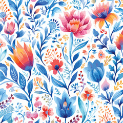 Fototapeta na wymiar Watercolor seamless pattern with flowers in ethnic 