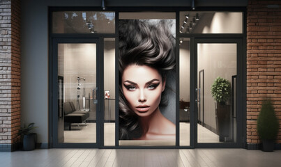Fototapeta na wymiar An attractive facade of a beauty salon with a large poster in the window depicting a model with dramatic makeup.