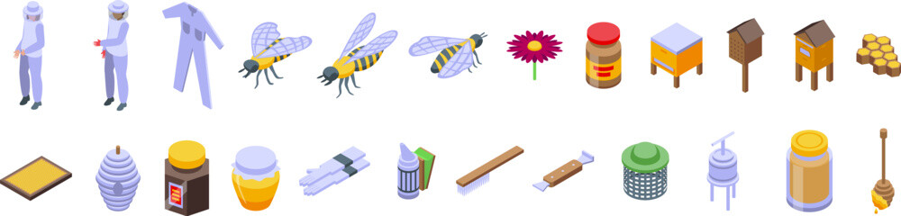 Apiculture business icons set isometric vector. Bee insect honey. Farming production