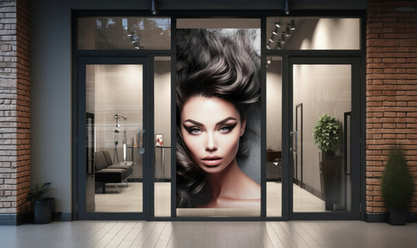 An attractive facade of a beauty salon with a large poster in the window depicting a model with dramatic makeup.
