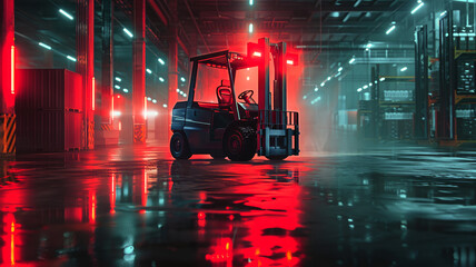 Futuristic Warehouse with Autonomous Forklift in Neon Light Ambiance - obrazy, fototapety, plakaty