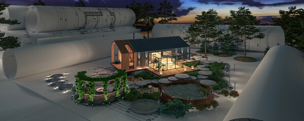 Projekt eines energieeffizienten Einfamilienhauses in moderner Scheunenarchitektur mit Garten und Terrasse bei Nachtbeleuchtug (Blue Hour Sky im Hintergrund) - panoramische 3D Visualisierung