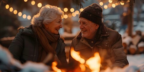An Elderly Couple Cozying Up by the Fire. Concept Elderly Love, Cozy Fireplace, Romantic Moments, Warmth and Togetherness