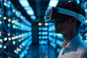 An IT expert explores a virtual data center environment, illuminated by ambient blue server lights.