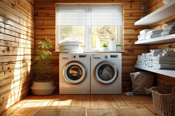 Interiors home. loading washing machine at laundry - obrazy, fototapety, plakaty