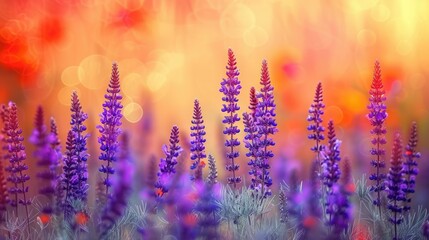 A field of purple flowers with a bright orange background - Powered by Adobe