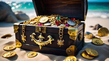 Treasure chest from pirates on the beach