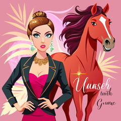 Horsepower Couture Unleash Your Inner Glam - Illustrate a glamorous girl adorned in fashionable attire, alongside her sleek and stylish horse, showcasing the perfect blend of sophistication and edge