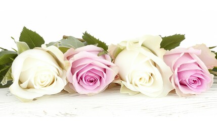 Four roses are arranged in a row on a white background