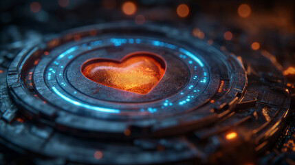 The love heart in a digital neon circle. digital technology and love concept. digital love and communication concept.