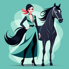 Horsepower Couture Unleash Your Inner Glam - Illustrate a glamorous girl adorned in fashionable attire, alongside her sleek and stylish horse, showcasing the perfect blend of sophistication and edge