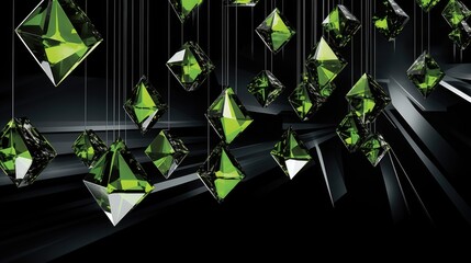 An opulent cascade of emerald crystals descends in a mesmerizing pattern, their multifaceted surfaces catching light to create a spectacle of sparkle and shadow.