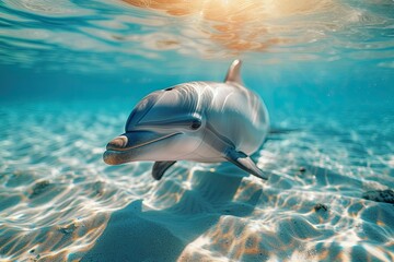 A dolphin is swimming in the ocean with its mouth open