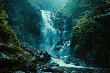 A waterfall is flowing down a rocky path in a lush green forest