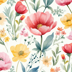 Fototapeta na wymiar Watercolor seamless pattern with spring floral bouqu