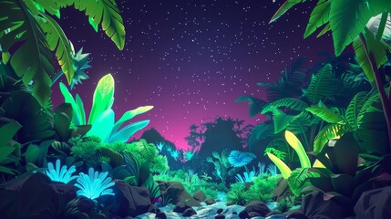 Fototapeta na wymiar This illustration portrays a mystical jungle under a twilight sky with stars, highlighting the potential wonder of extraterrestrial plant life.