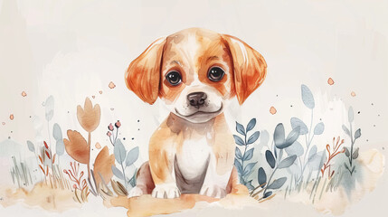 illustration of cute baby puppy or dog on neutral background, portrait, posters, banners, cards  - obrazy, fototapety, plakaty