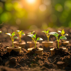 A close-up view of several coins with green plant sprouts growing out of them. This image symbolizes hope, new beginnings, and the unexpected potential for life to emerge in challenging environments. - obrazy, fototapety, plakaty