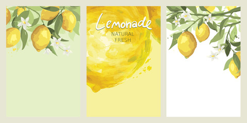 Set of labels with lemon branches. Floral design elements for label of drinks. Vector illustration.	