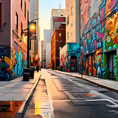 A street filled with vibrant graffiti art, showcasing a colorful and expressive urban landscape.