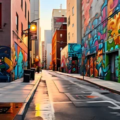 Fotobehang A street filled with vibrant graffiti art, showcasing a colorful and expressive urban landscape. © @studio472