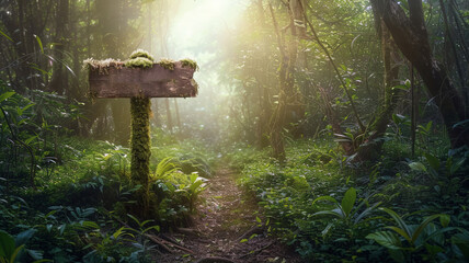 Mystical forest path with sunrays and a whimsical wooden sign inviting exploration - obrazy, fototapety, plakaty