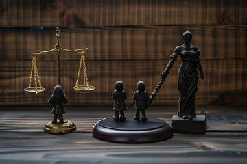 Family figures with judge's gavel and justice scales on dark wooden background (1).png - obrazy, fototapety, plakaty
