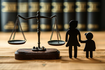 Family law. Figure of parents with children, scales and gavel on wooden table (1).png - obrazy, fototapety, plakaty