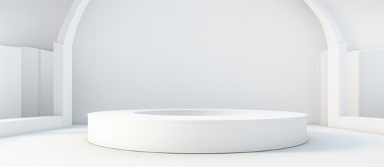 Fototapeta premium A white round table is placed in a white room with a geometric cylinder shape background, creating a minimalist setting for display or showcase purposes.
