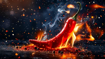 Crédence de cuisine en verre imprimé Piments forts Fiery red chili pepper engulfed in dramatic flames and smoke, symbolizing intense heat and spiciness. Perfect for culinary arts or metaphorical expressions of “hotness.”