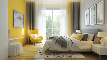 A cheerful bedroom with lemon yellow accents, adorned with clean-lined and colorful minimalistic furniture to create a lively atmosphere.