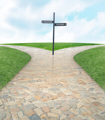 Fork, road or crossroads for direction on path, abstract or choice in life on future career....