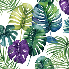 Watercolor seamless pattern with tropical leaves 