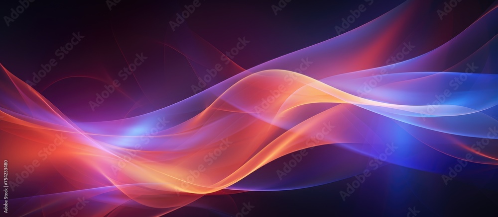 Poster twisted light fibers in shades of blue and red create a dynamic wave pattern against a stark black b