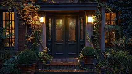 Welcoming Home Entrance at Twilight with Warm Light and Lush Greenery