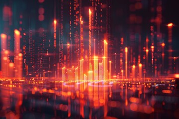 Fototapeta premium 3D digital graphs on the background of modern city downtown. Global economy growth, financial and banking data analysis, advanced technologies, business strategy and digital marketing.