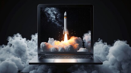 laptop screen with a rocket flying through the clouds black background 