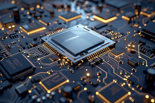 A 3D rendered image of AI CPU Chip, macro shot of computer CoC, neural network for AI training technology, Futuristic science of PC and mobile world and robots improvements, AI Generated.