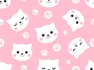 Seamless pattern with cat and paw print on pink background vector.