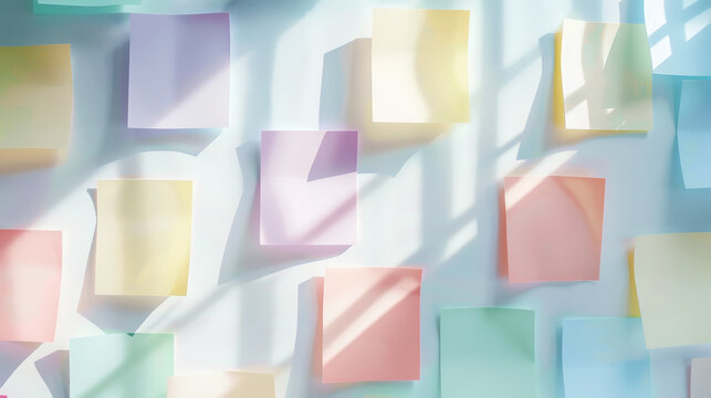 A lot of aesthetic pastel coloured sticky note reminders on white background. Sun rays.Minimalist concept. Generative AI