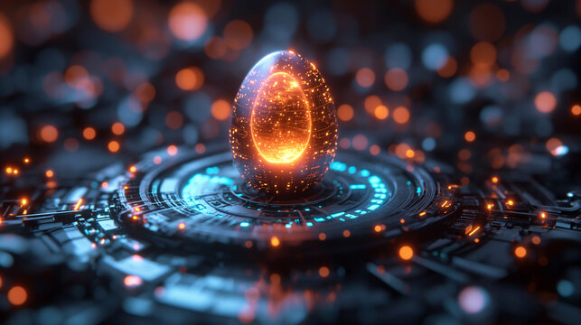 The egg in a digital neon circle. digital technology and eco friendly technology concept. future technology growing concepts. Digital animal husbandry and animal breeding concept.