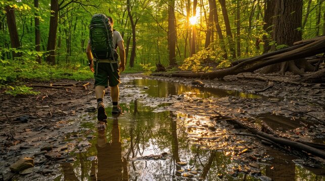A reflective puddle captures the image of a hiker amidst the vibrant greenery of a sunlit forest during an early morning hike.